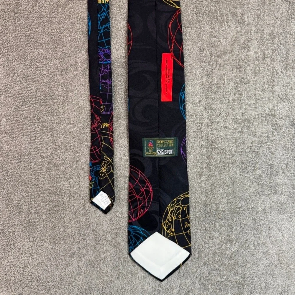 Vintage 1996 Atlanta Olympics Silk Tie RM Sport Black Globe Torch Logo USA Made